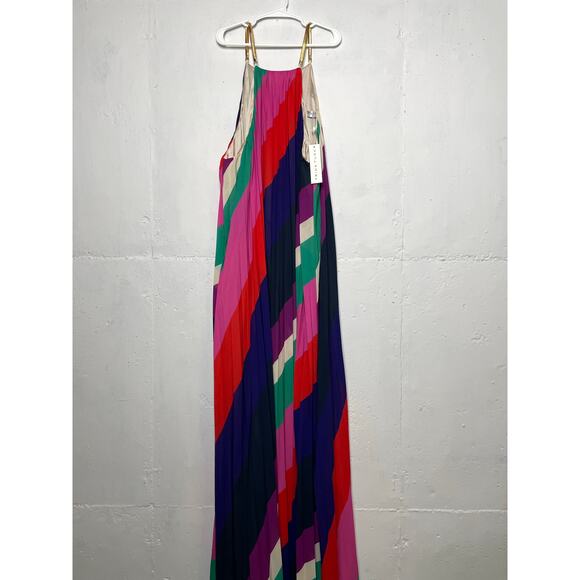 NEW Trina Turk Plume Striped Pleated Maxi Halter Dress Size Medium - Picture 1 of 9